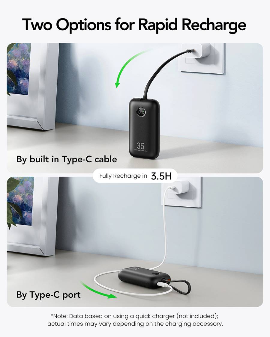 Veger K1 - 10,000mAh 35W PD Digital Display Powerbank With Built In Non-MFI Lightning & USB-C Cable