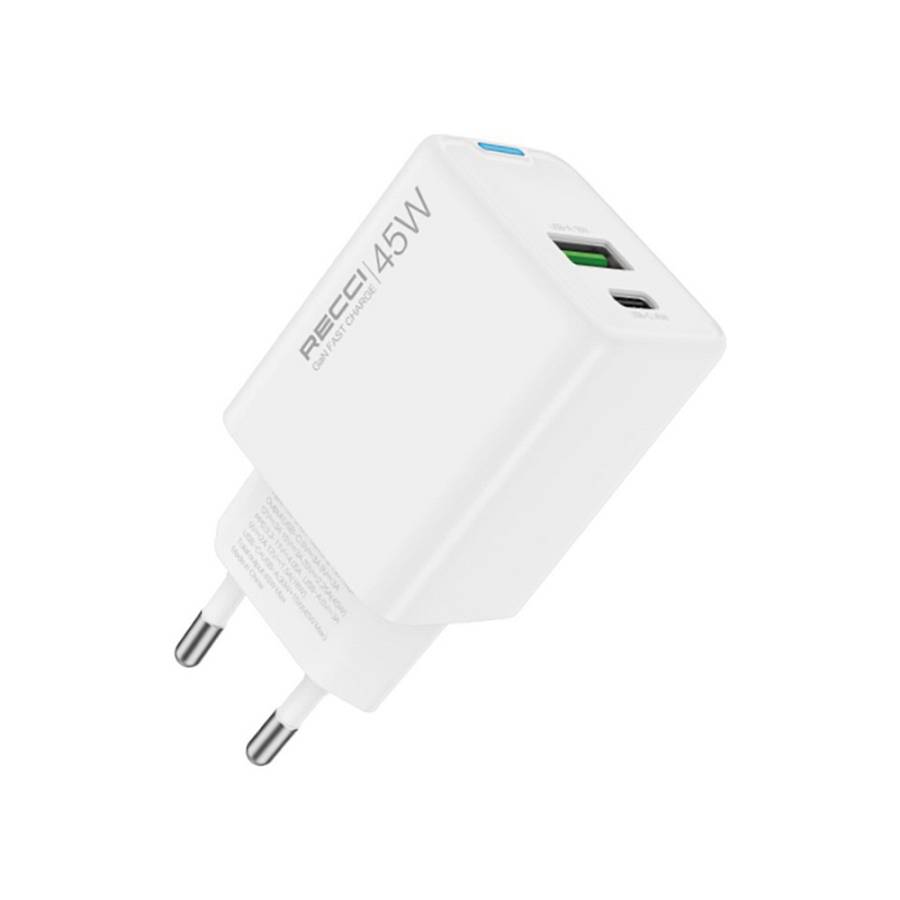 Recci RC108E Gan PD45W  Fast Charger With Type-C To Type-C Cable - White