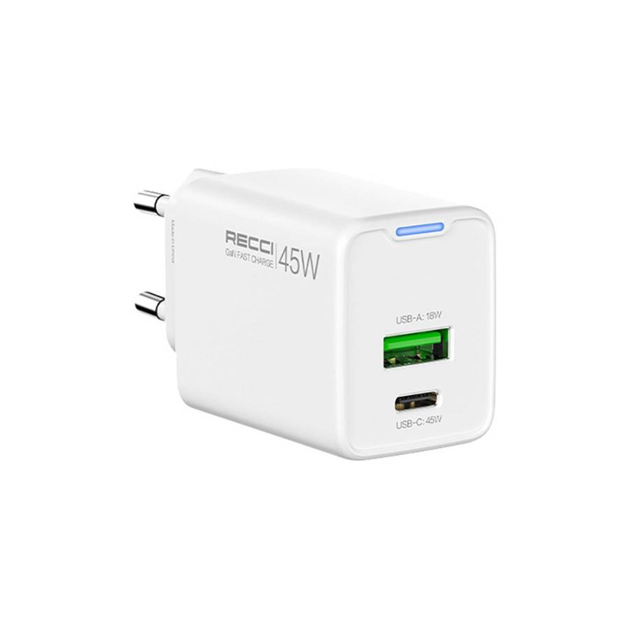 Recci RC108E Gan PD45W  Fast Charger With Type-C To Type-C Cable - White