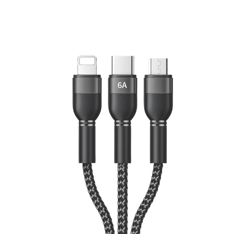 Recci RTC-T12 3 in 1 Fast Charging Cable 66W (Lightning, Type-C, Micro) 120cm – Black