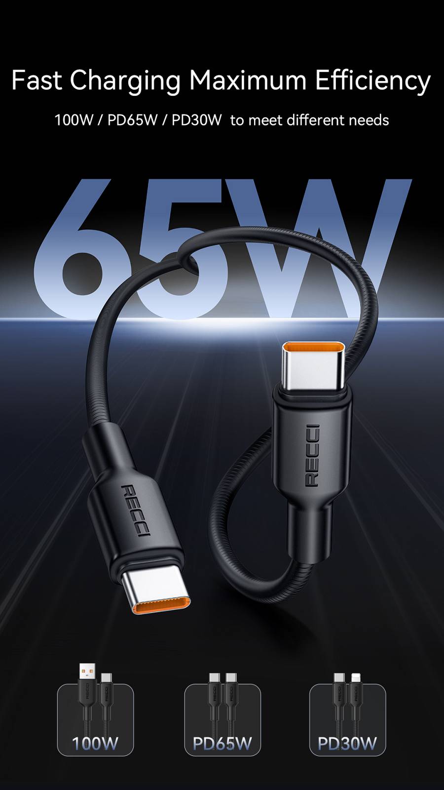RECCI RS46CC - PD65W Fast Charging Type-C to Type-C Data Cable 1.2M - Black