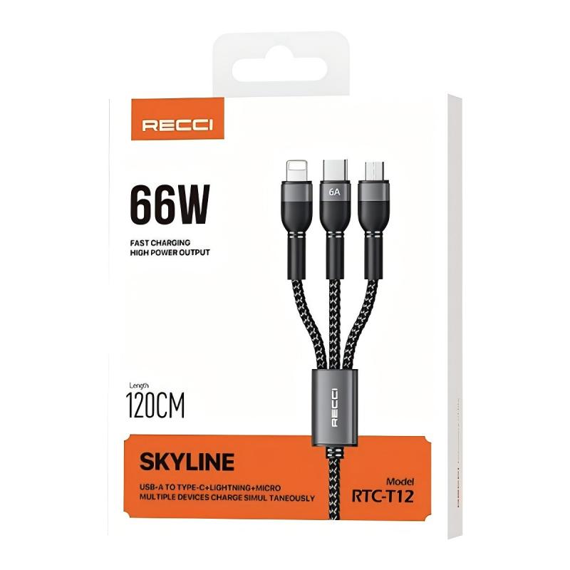 Recci RTC-T12 3 in 1 Fast Charging Cable 66W (Lightning, Type-C, Micro) 120cm – Black