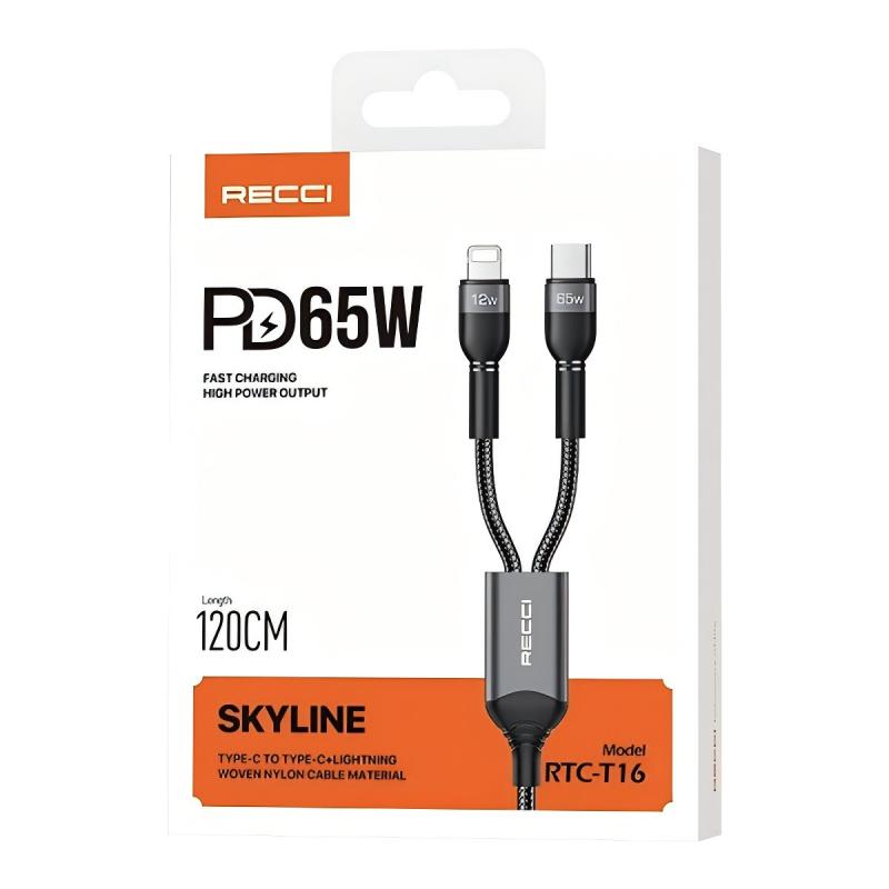 Recci RTC-T16 Cable 2-in-1 USB-C & Lightning 1.2M - Black