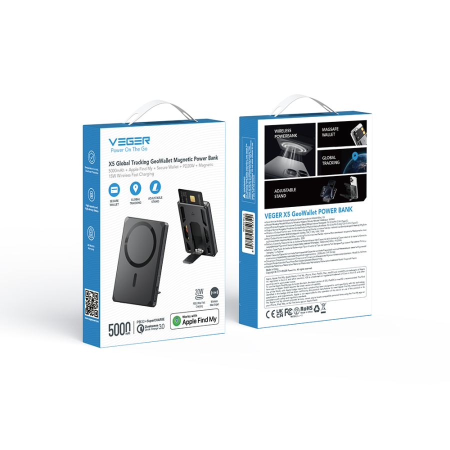Veger X5 - 6-IN-1 | Apple-certified Find My | Wireless Powerbank | 5000mAh Fast Charging | Magnetic Wallet | 0-90° Adjustable Stand | Iconic Style Μαύρο