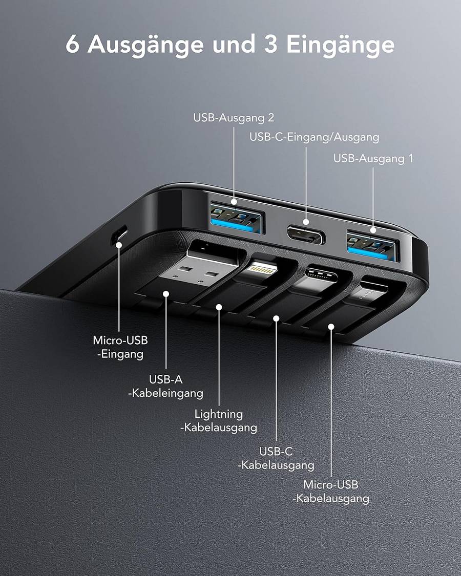 Charmast W1148 Power Bank 10000mAh PD20W with built-in cables Micro USB / Type C / Lightning 5V3A  black