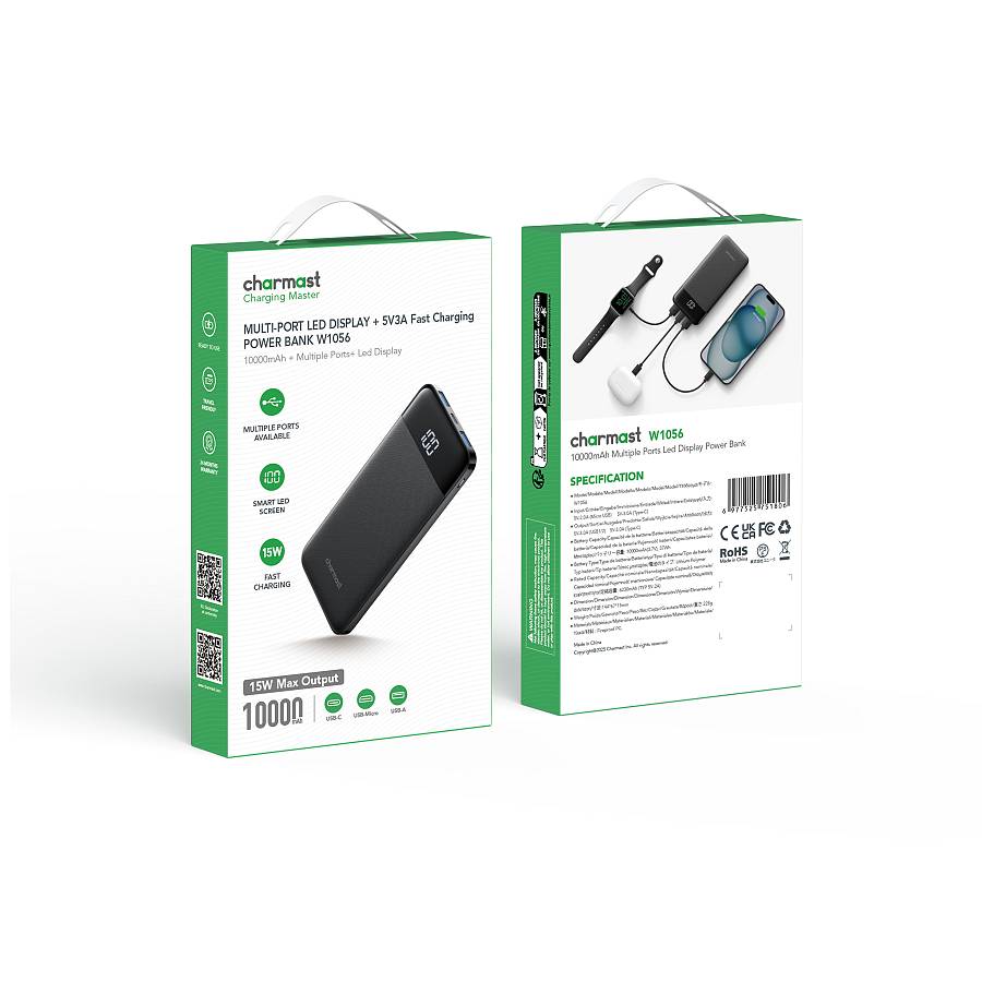 Charmast W1056 Power Bank 10000mAh Multi-Port LED DISPLAY 5V3A Fast Charging - Black