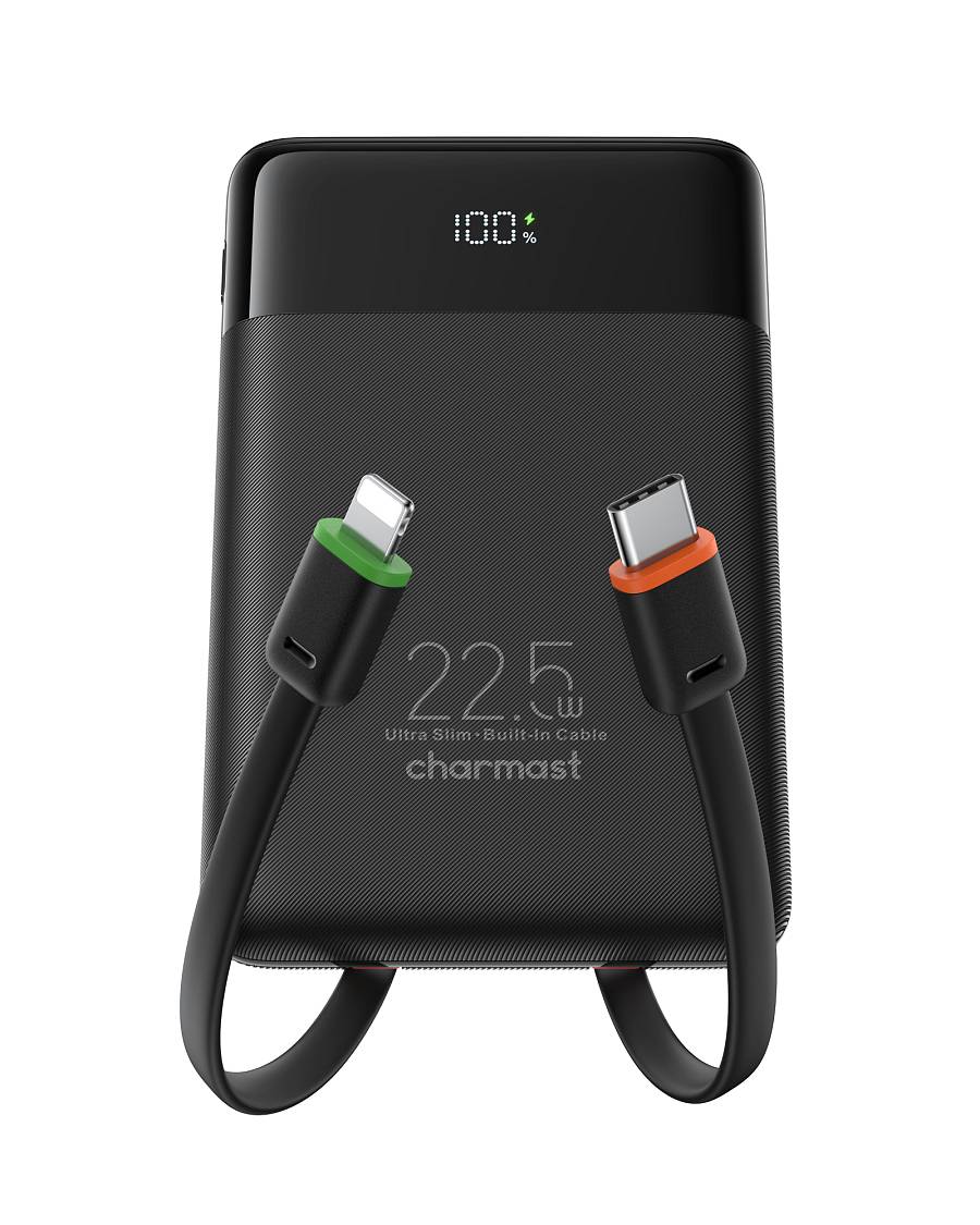 Charmast W1202 PD22.5W Power Bank 10000mAh Built-in 2 Cable LED Display Screen - Black