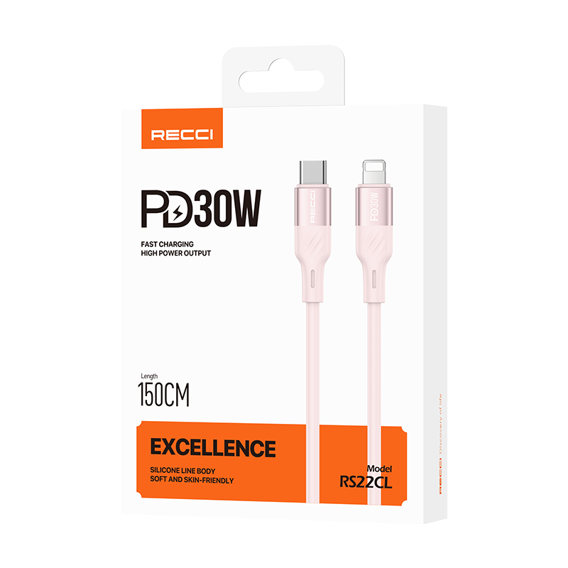 RECCI RS22CL - PD27W Fast Charging Excellence Silicone C To Lightning  Data Cable 1.5M - Pink