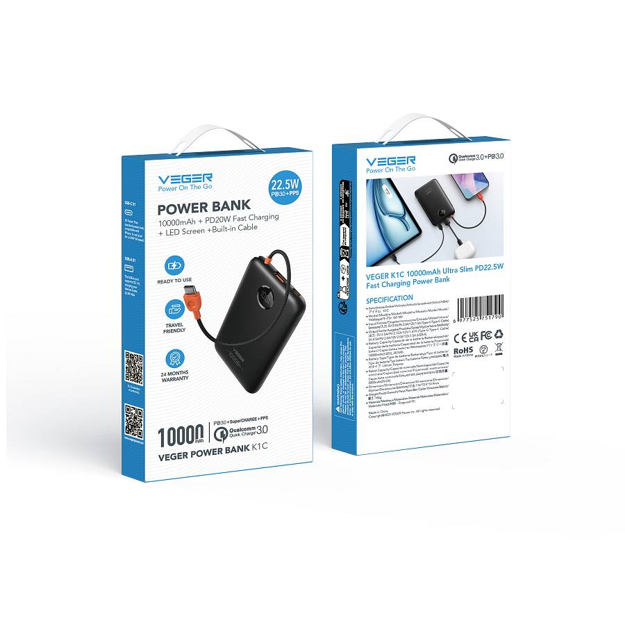 VEGER W1189-K1C 10,000mAh Ultra-Slim Power Bank with Integrated USB-C Cable, 22.5W Power Delivery Pocket-Sized External Battery Pack for iPhone 15/16, Samsung & Xiaomi
