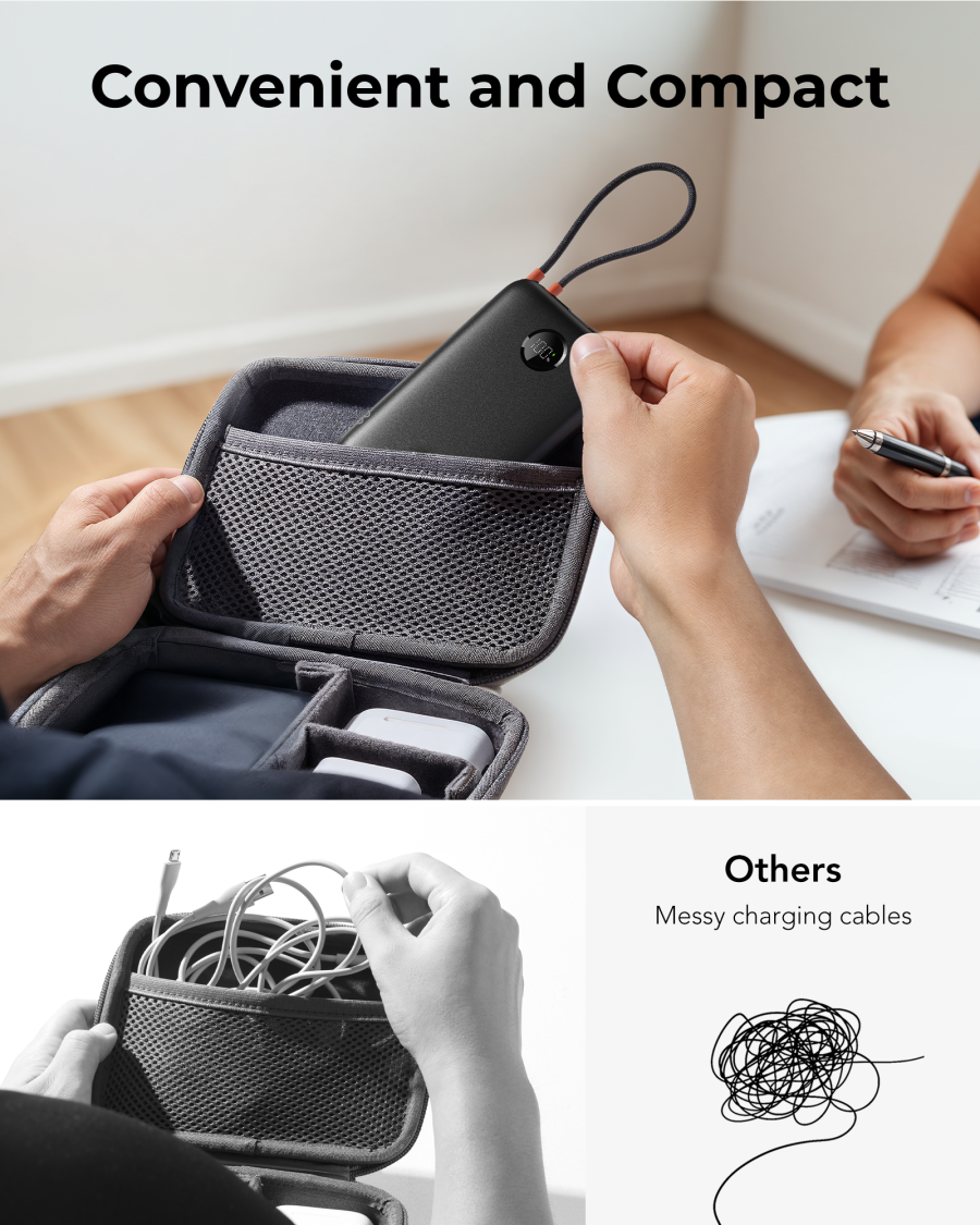 VEGER W1189-K1C 10,000mAh Ultra-Slim Power Bank with Integrated USB-C Cable, 22.5W Power Delivery Pocket-Sized External Battery Pack for iPhone 15/16, Samsung & Xiaomi