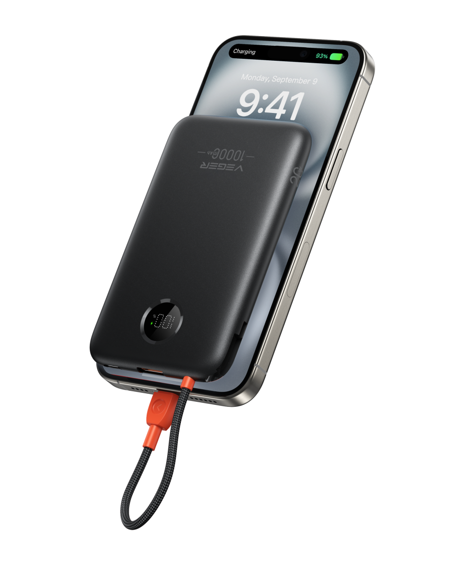VEGER W1189-K1C 10,000mAh Ultra-Slim Power Bank with Integrated USB-C Cable, 22.5W Power Delivery Pocket-Sized External Battery Pack for iPhone 15/16, Samsung & Xiaomi
