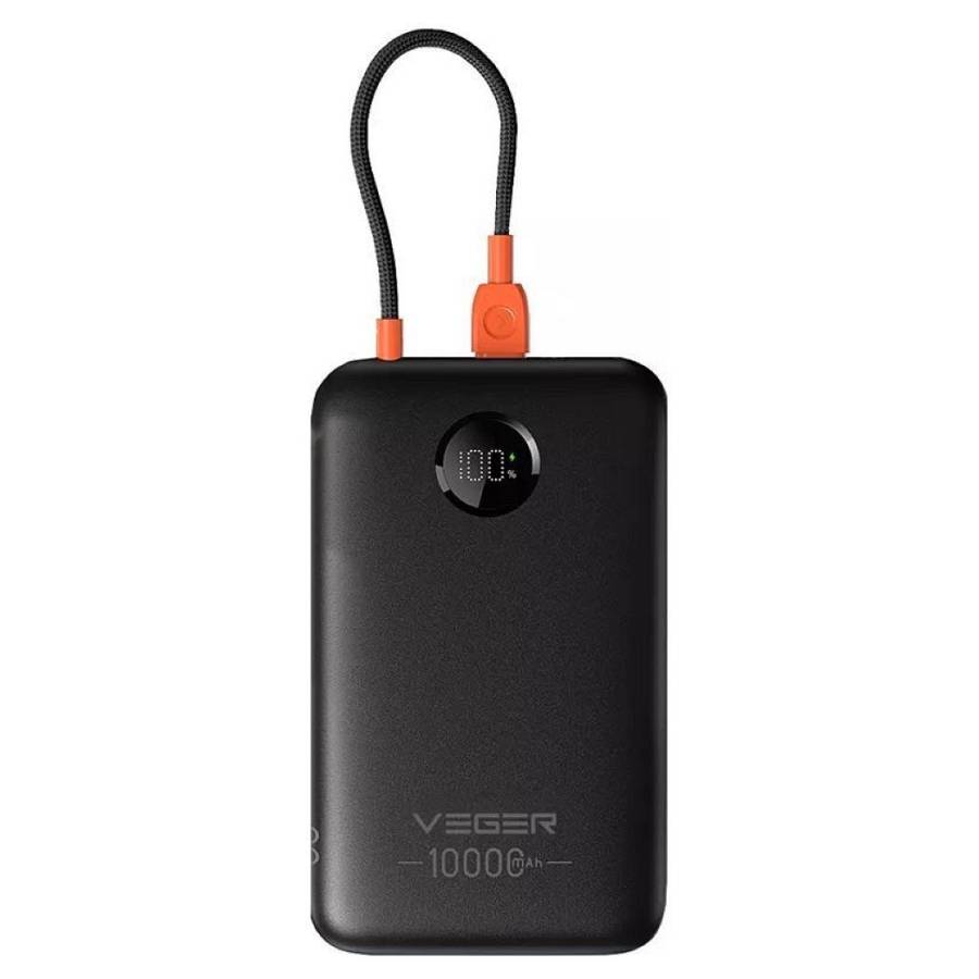 VEGER W1189-K1C 10,000mAh Ultra-Slim Power Bank with Integrated USB-C Cable, 22.5W Power Delivery Pocket-Sized External Battery Pack for iPhone 15/16, Samsung & Xiaomi