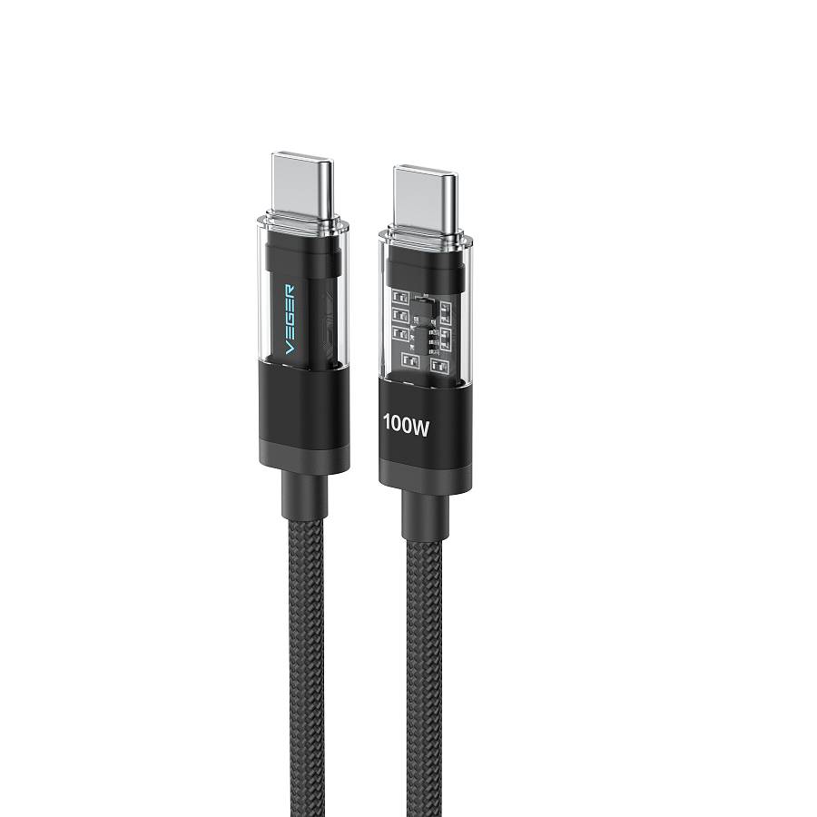 VEGER CC16 - 100W USB-C to USB-C Premium Fast Charging Cable (1.5m/5ft) with Smart LED Logo, PD 3.0 & QC 4.0+ High-Density Braided Power Cord