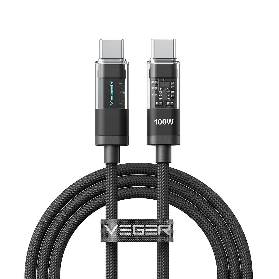 VEGER CC16 - 100W USB-C to USB-C Premium Fast Charging Cable (1.5m/5ft) with Smart LED Logo, PD 3.0 & QC 4.0+ High-Density Braided Power Cord