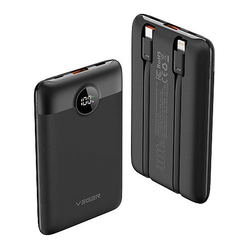 Veger C11 - 10,000mAh 22.5W PD Digital Display Light Weight Powerbank With Built In Non-MFI Lightning & USB-C Cable