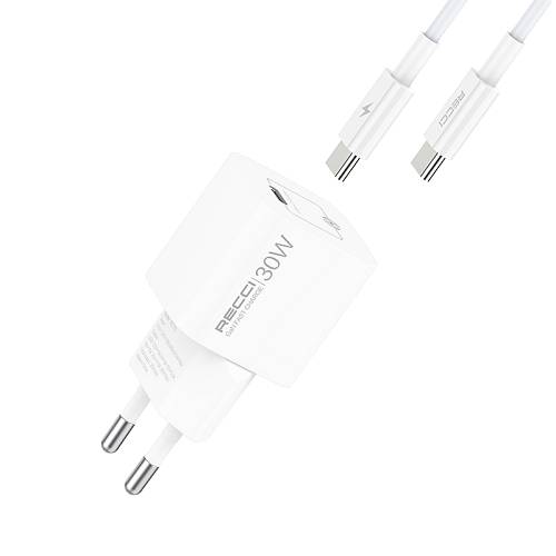 RECCI RC77ECC - 30WGaN Fast Charging USB-C Output Port + C TO C CABLE 100CM |QC3.0 - White