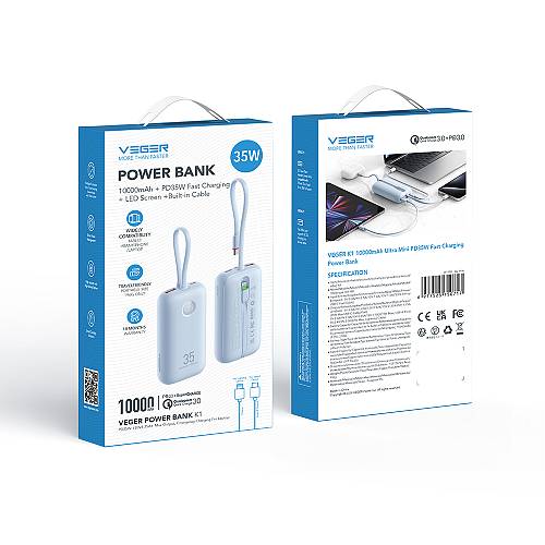 Veger K1 - 10,000mAh 35W PD Digital Display Powerbank With Built In Non-MFI Lightning & USB-C Cable